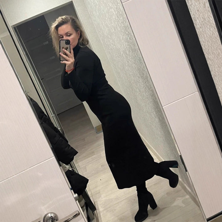 Damen Figurbetontes Rollkragen-Maxikleid aus Feinstrick mit schmaler Silhouette Drune