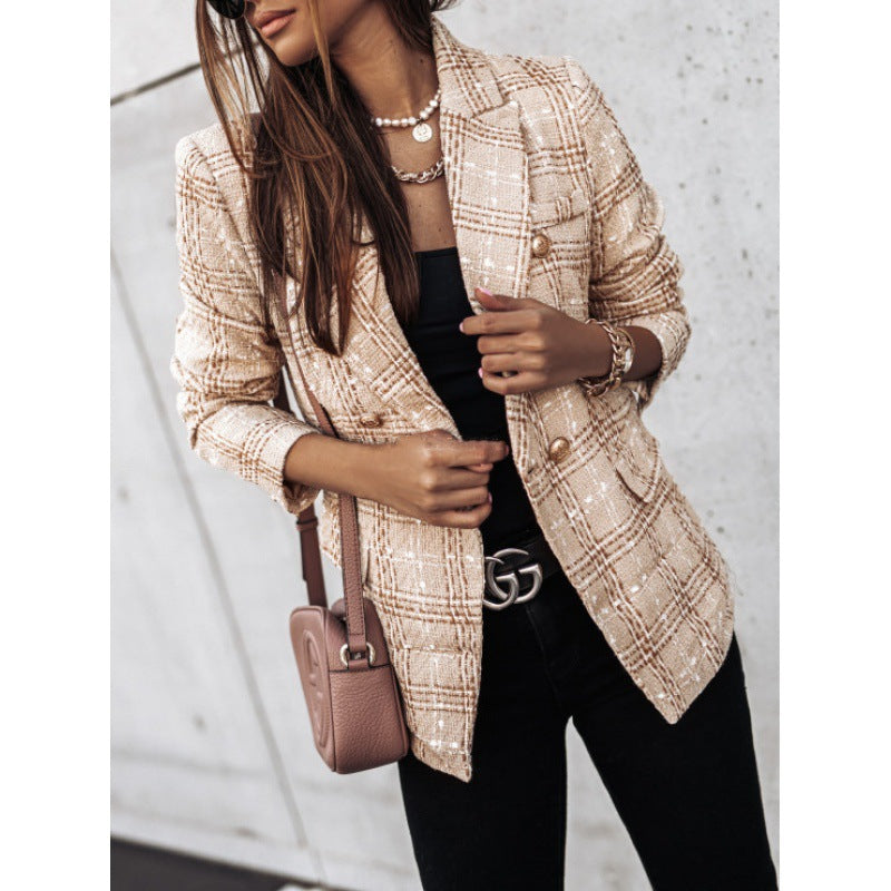 Damen Karierter Blazer mit goldenen Knöpfen und strukturiertem Gewebe Drune