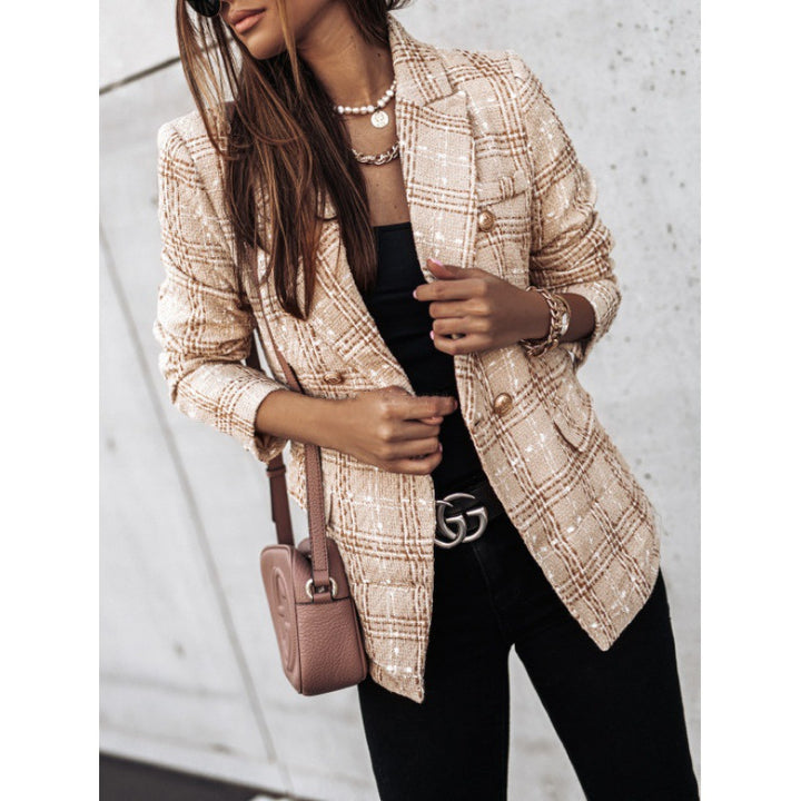 Damen Karierter Blazer mit goldenen Knöpfen und strukturiertem Gewebe Drune