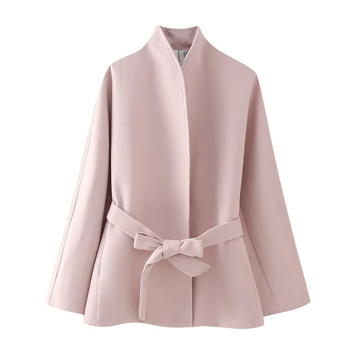 Damen nan kurzjacke mit weitem Schalkragen, tailliertem Bindegürtel und gemustertem Innenfutter Drune