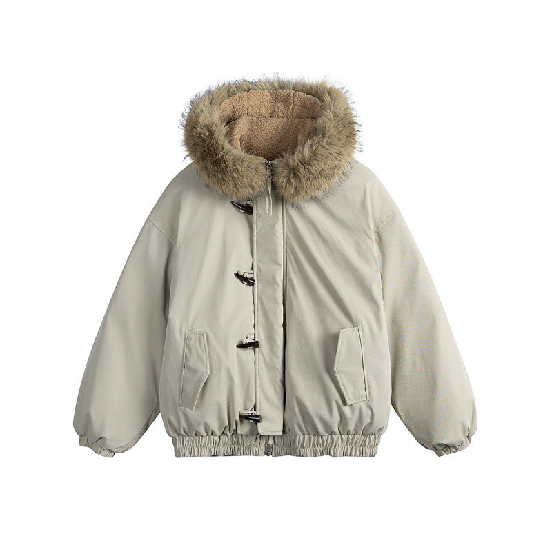 Unisex Gepolsterte Kapuzenjacke im Boxy‑Cut mit Teddyinnenfutter, Kunstfellkragen und Knebelverschlüssen Drune