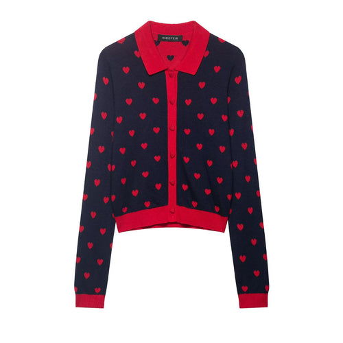 Damen Kurze Strickjacke im Cardigan‑Stil mit Herz‑Jacquard und Reverskragen Drune