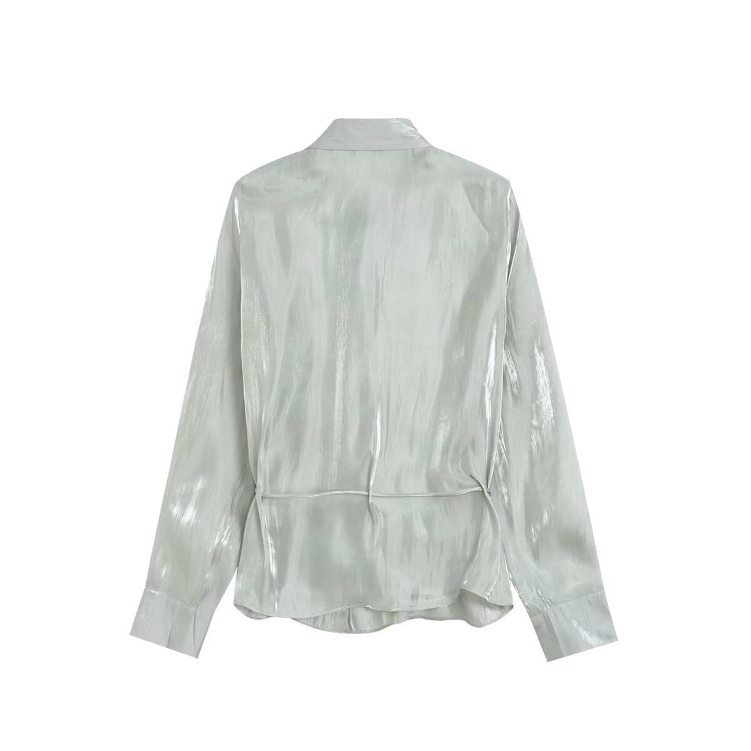 Damen Glänzende Bluse mit Tunnelzugsaum und Hemdkragen Drune