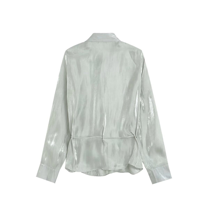 Damen Glänzende Bluse mit Tunnelzugsaum und Hemdkragen Drune