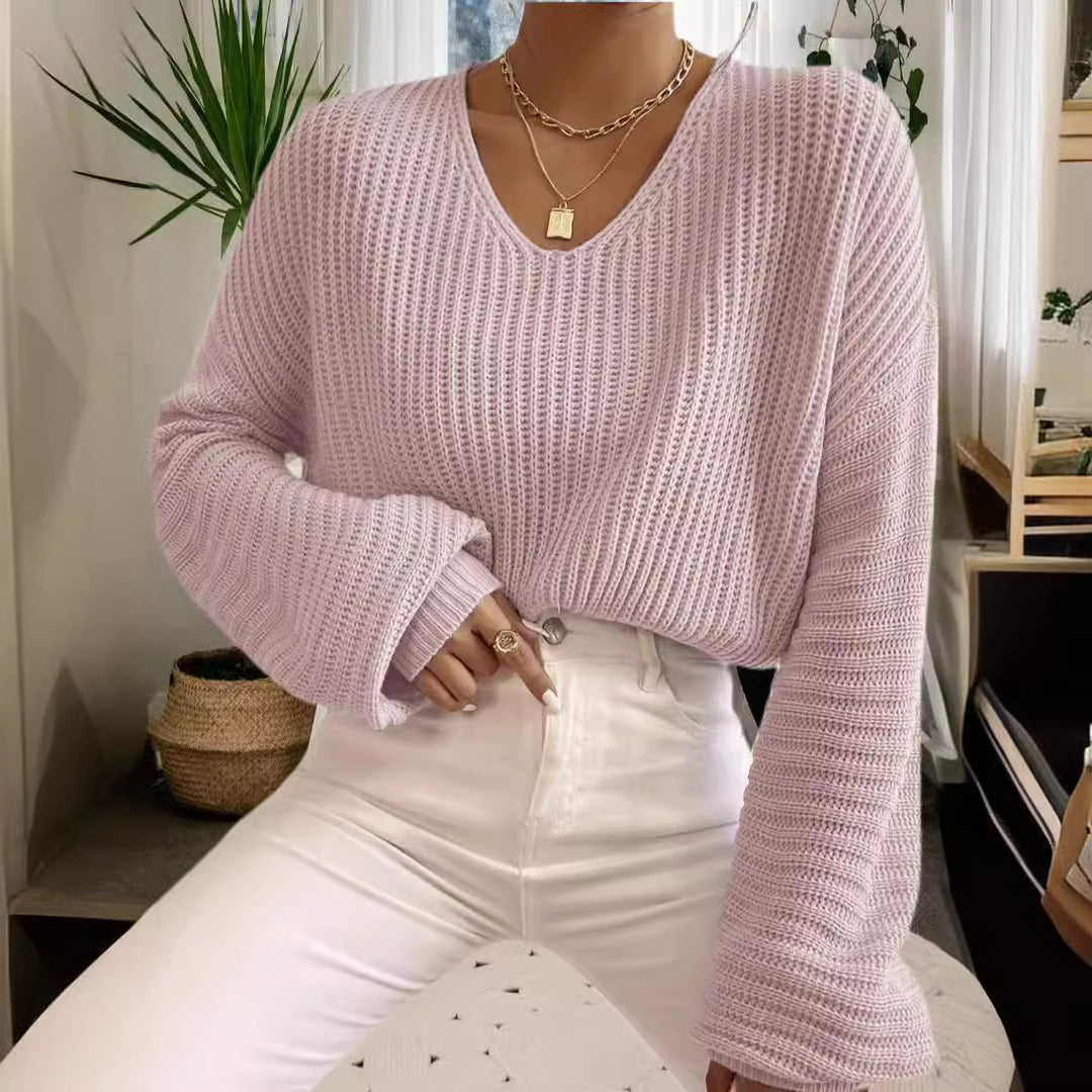Damen lässiger Strickpullover mit weitem V-Ausschnitt und oversize Ärmeln Drune