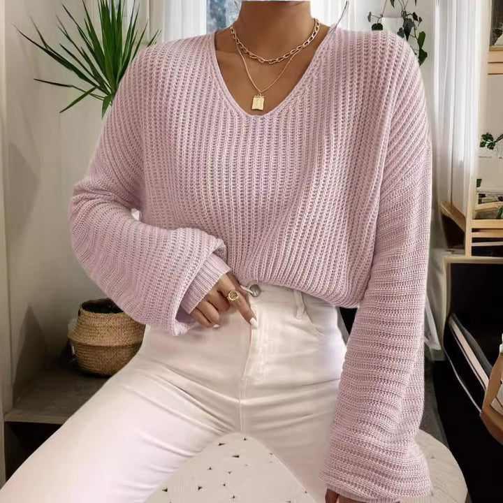 Damen lässiger Strickpullover mit weitem V-Ausschnitt und oversize Ärmeln Drune