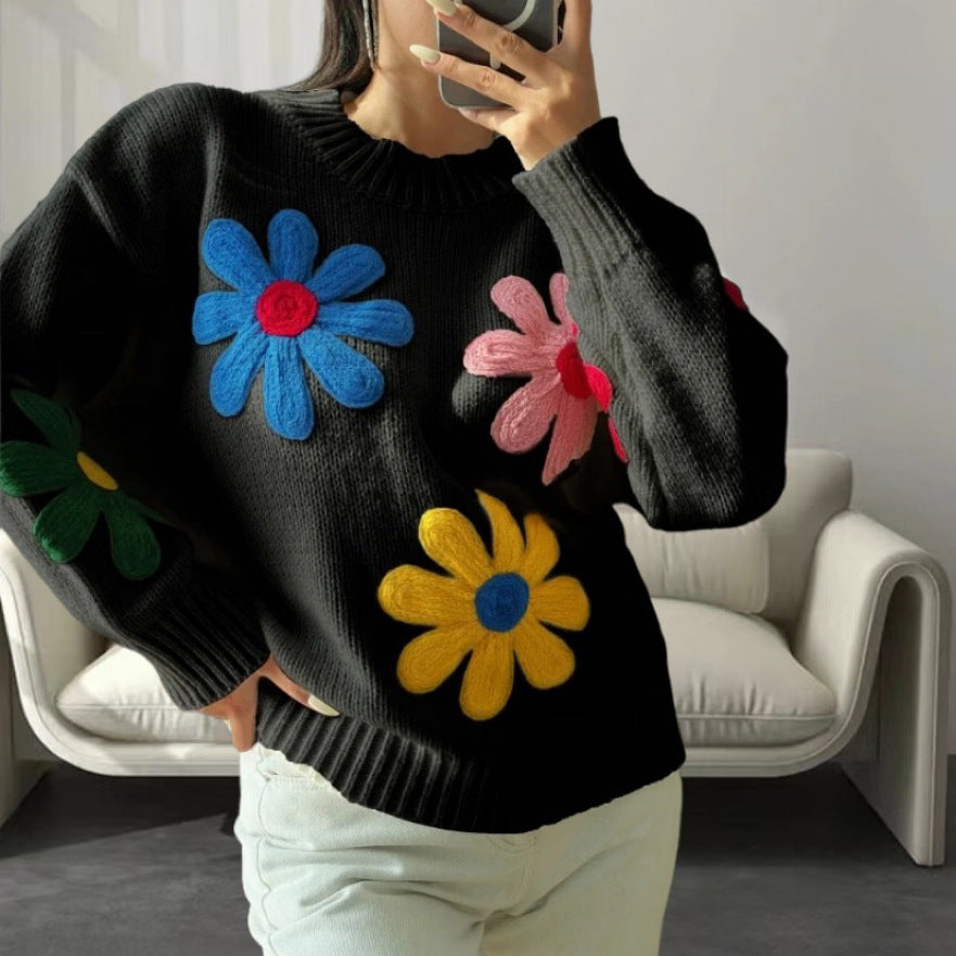 Damen Boxy-Strickpullover mit bunten 3D-Blumenapplikationen Drune