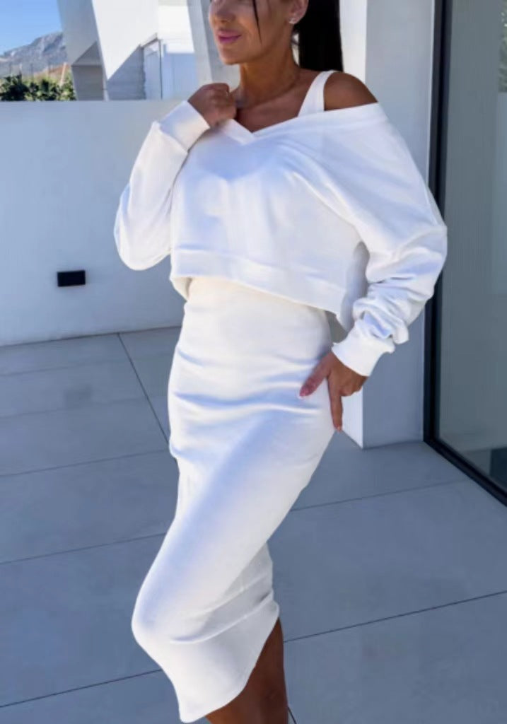 Damen Zweiteiliges Lässig-Chic Lounge-Set mit asymmetrischem Off-Shoulder Sweatshirt und figurbetontem Midi-Rock Drune