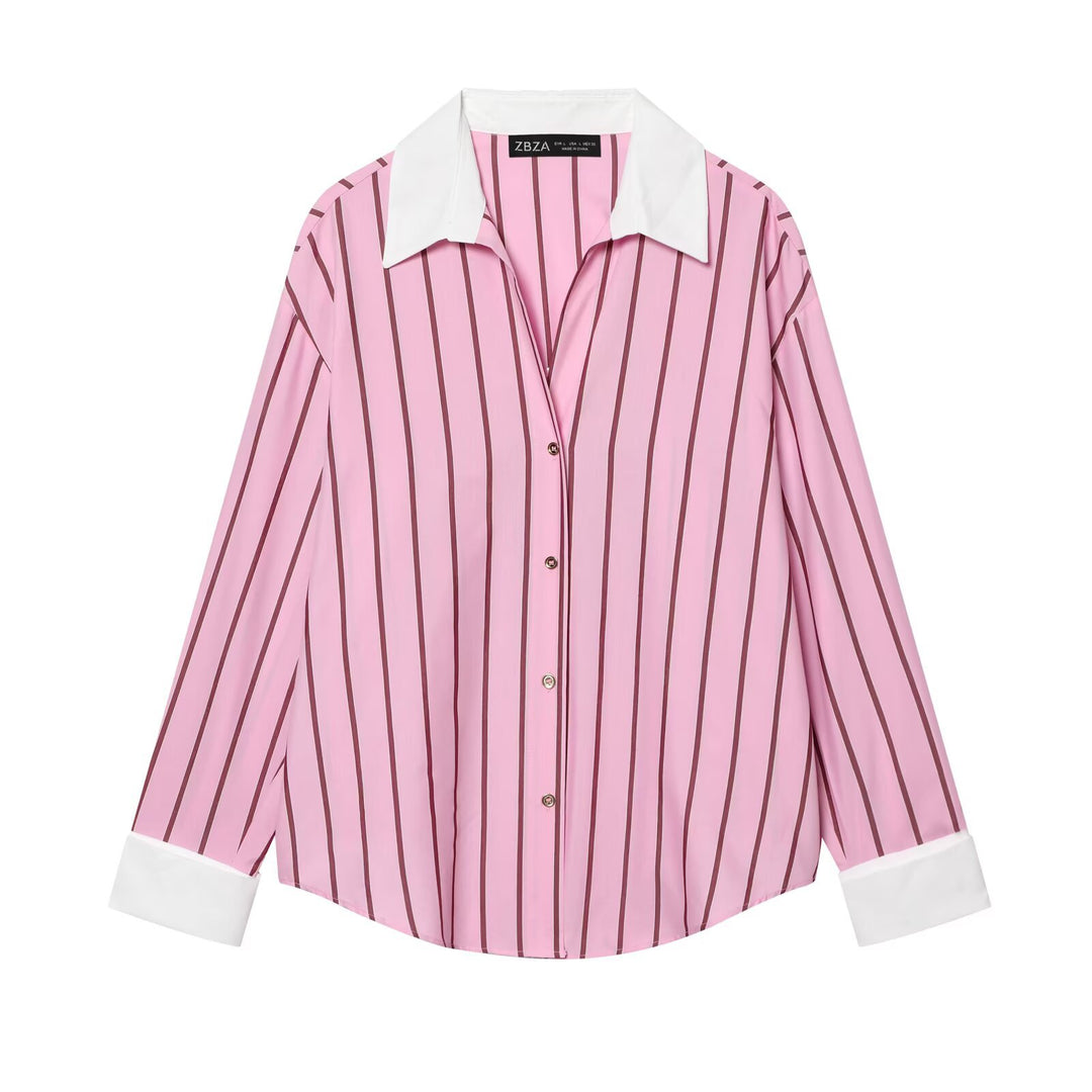 Damen Gestreifte Oversize-Bluse mit kontrastkragen und Manschetten Drune