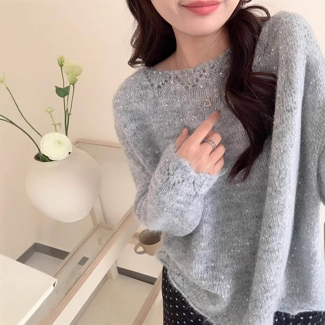 Damen Flauschiger Strickpullover mit glänzenden Akzenten und lockerem Schnitt Drune