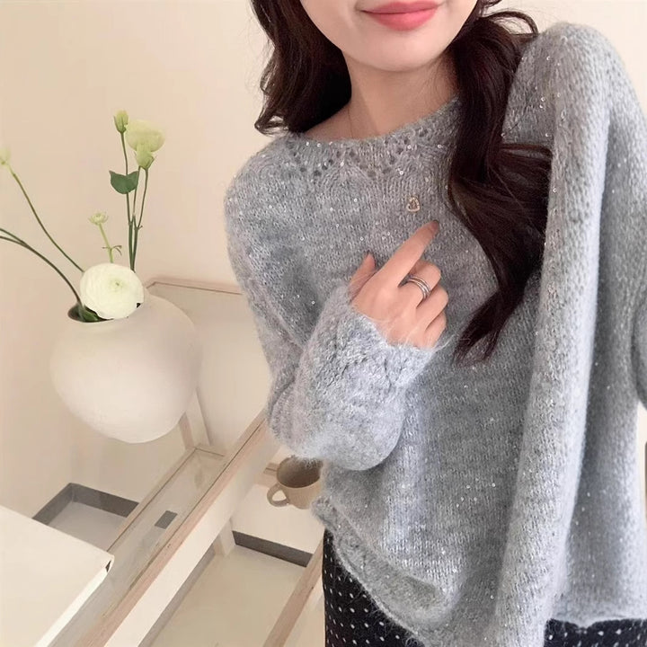 Damen Flauschiger Strickpullover mit glänzenden Akzenten und lockerem Schnitt Drune