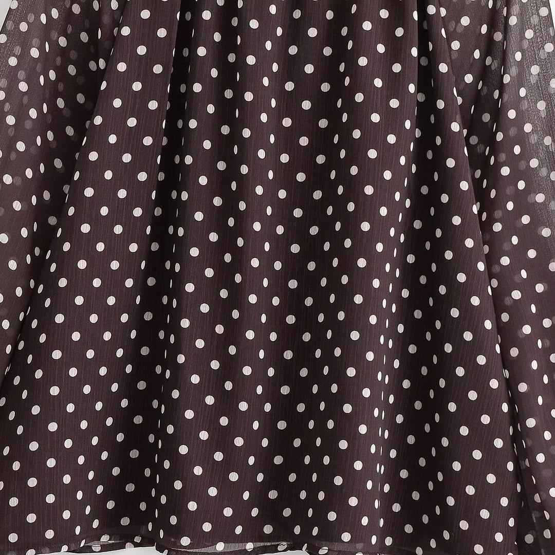 Damen Transparente gepunktete Chiffonbluse mit Schleifenkragen und Ballonärmeln Drune