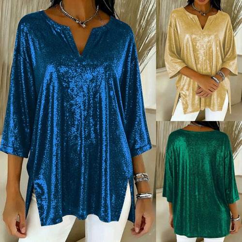 Damen Glitzernde Tunika-Bluse mit V‑Ausschnitt, Fledermausärmeln und Seitenschlitzen Drune