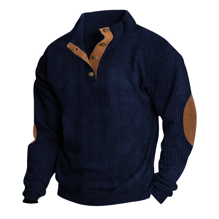 Herren nan rustikaler gerippter Pullover mit Henley-Kragen und lederartigen Ellbogenbesätzen Drune