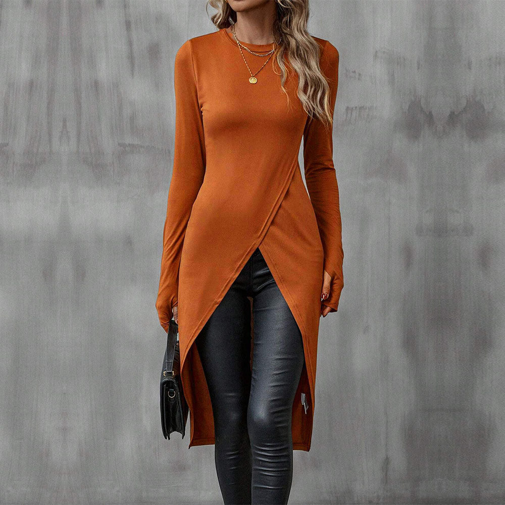 Damen asymmetrisches Longshirt mit überlappendem Frontschlitz und taillierter Silhouette Drune