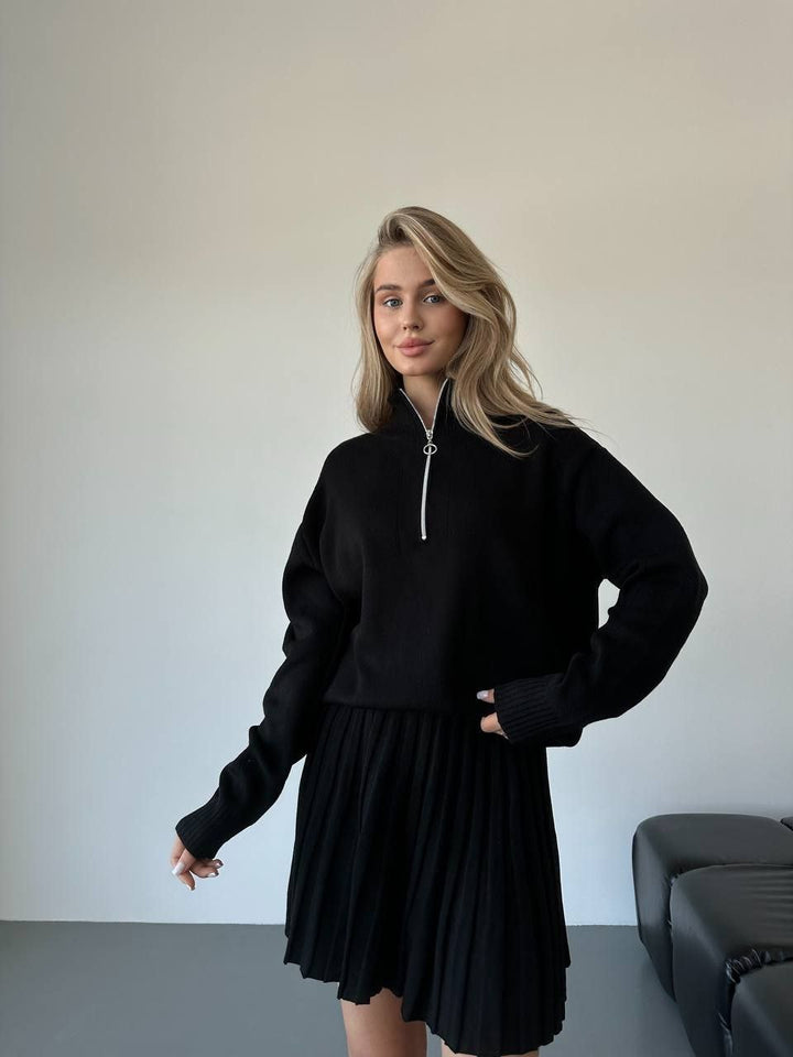 Damen gemütliches Strick-Set mit Reißverschluss-Pullover und plissiertem Rock Drune