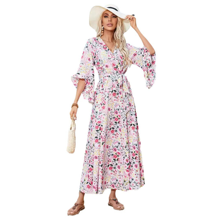 Damen Langarm Maxikleid mit floralem Design und Schlitz Drune