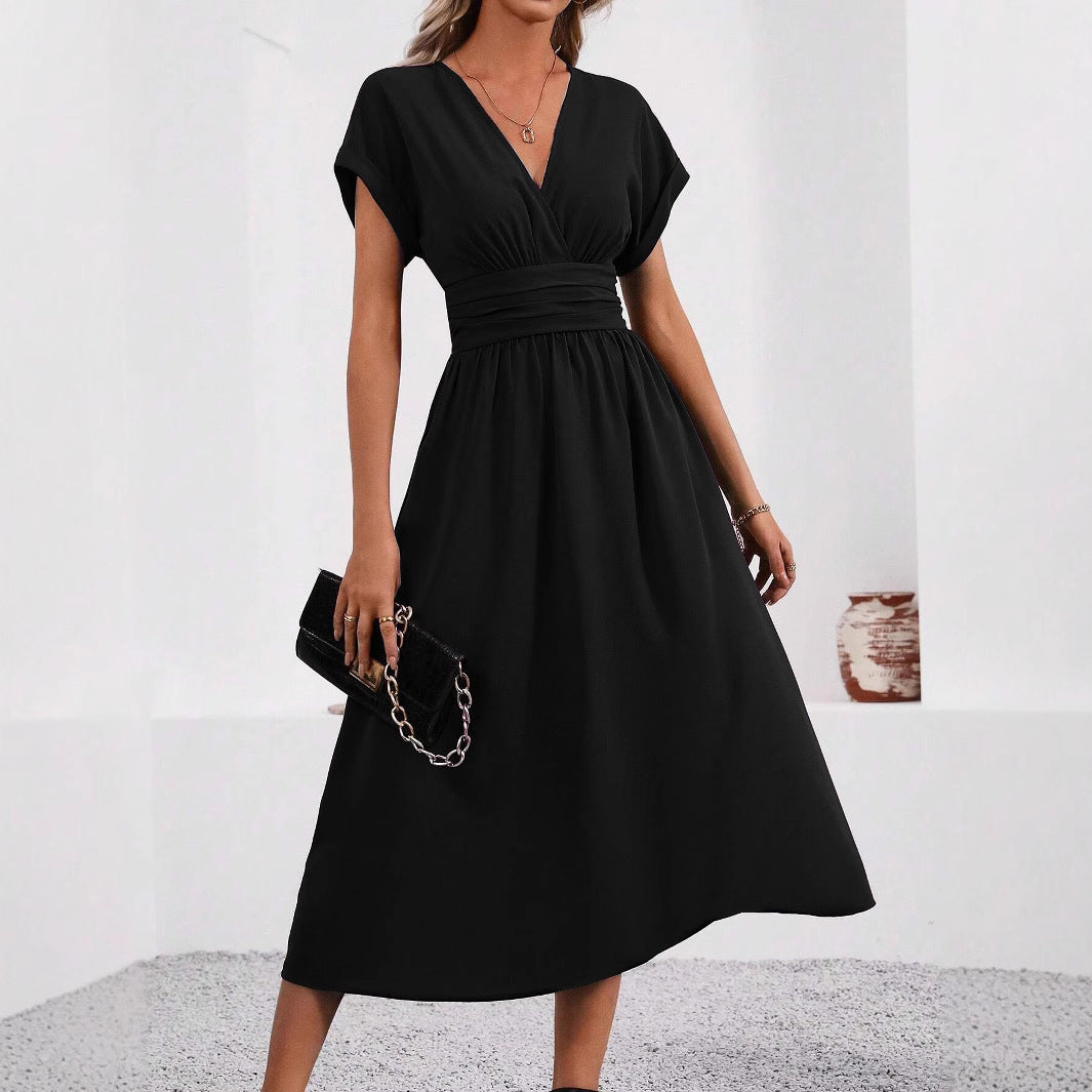 Damen Midi-Kleid mit V-Ausschnitt und breiten Trägern Drune