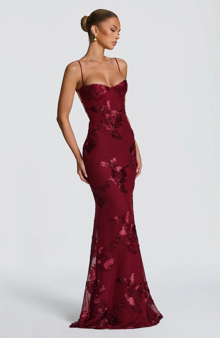 Damen figurbetontes Abendkleid mit floralem Stickdesign und hochwertigem Stoff Drune