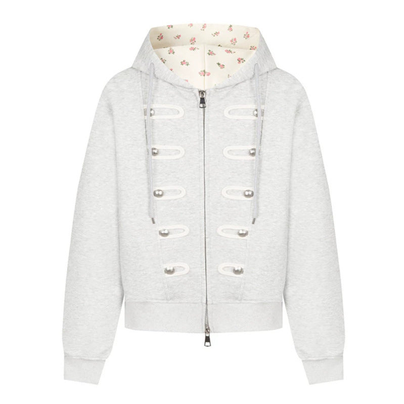 Damen Kapuzen-Sweatjacke mit dekorativen Schlaufen und Metallknopf-Details Drune