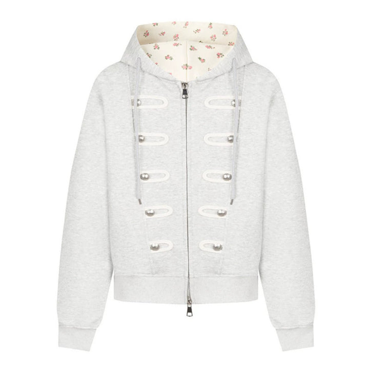 Damen Kapuzen-Sweatjacke mit dekorativen Schlaufen und Metallknopf-Details Drune