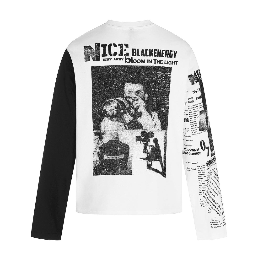 Unisex Kontrastärmliges Langarmshirt mit großflächigem Grafikprint und Ärmel-Collage Drune