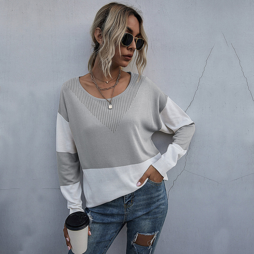 Damen Lässiger Strickpullover mit V-Ausschnitt und Farbblock Drune