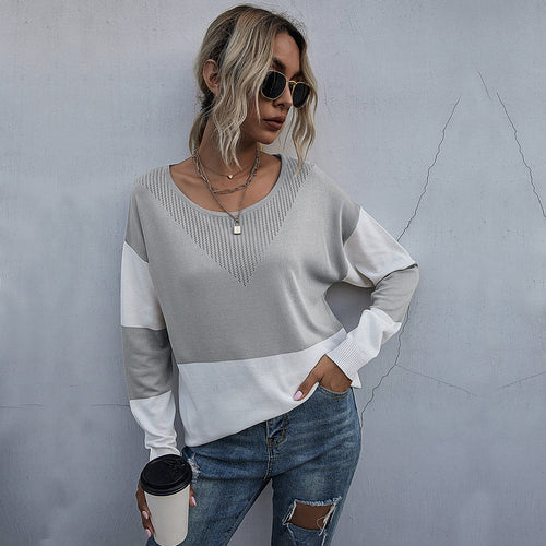 Damen Lässiger Strickpullover mit V-Ausschnitt und Farbblock Drune