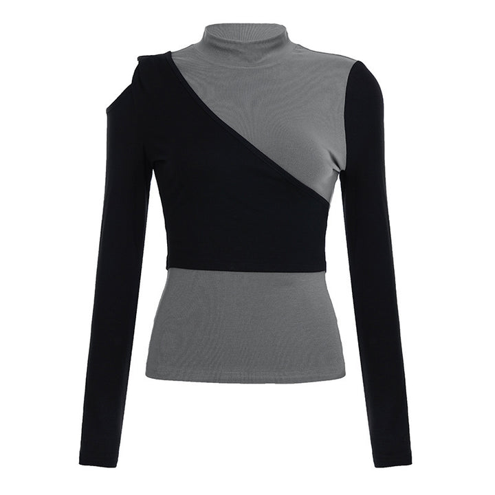 Damen Asymmetrisches Langarmtop mit Stehkragen, Cut-Out‑Schulter und Lagenoptik Drune