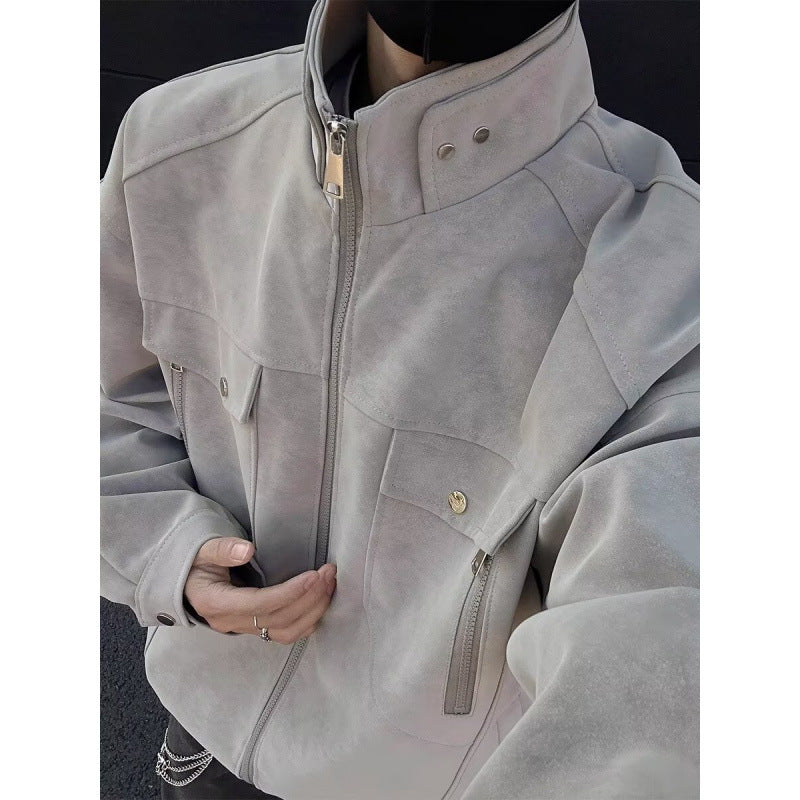 Herren Oversized Wildleder-Optik Utility-Jacke mit hohem Stehkragen Drune