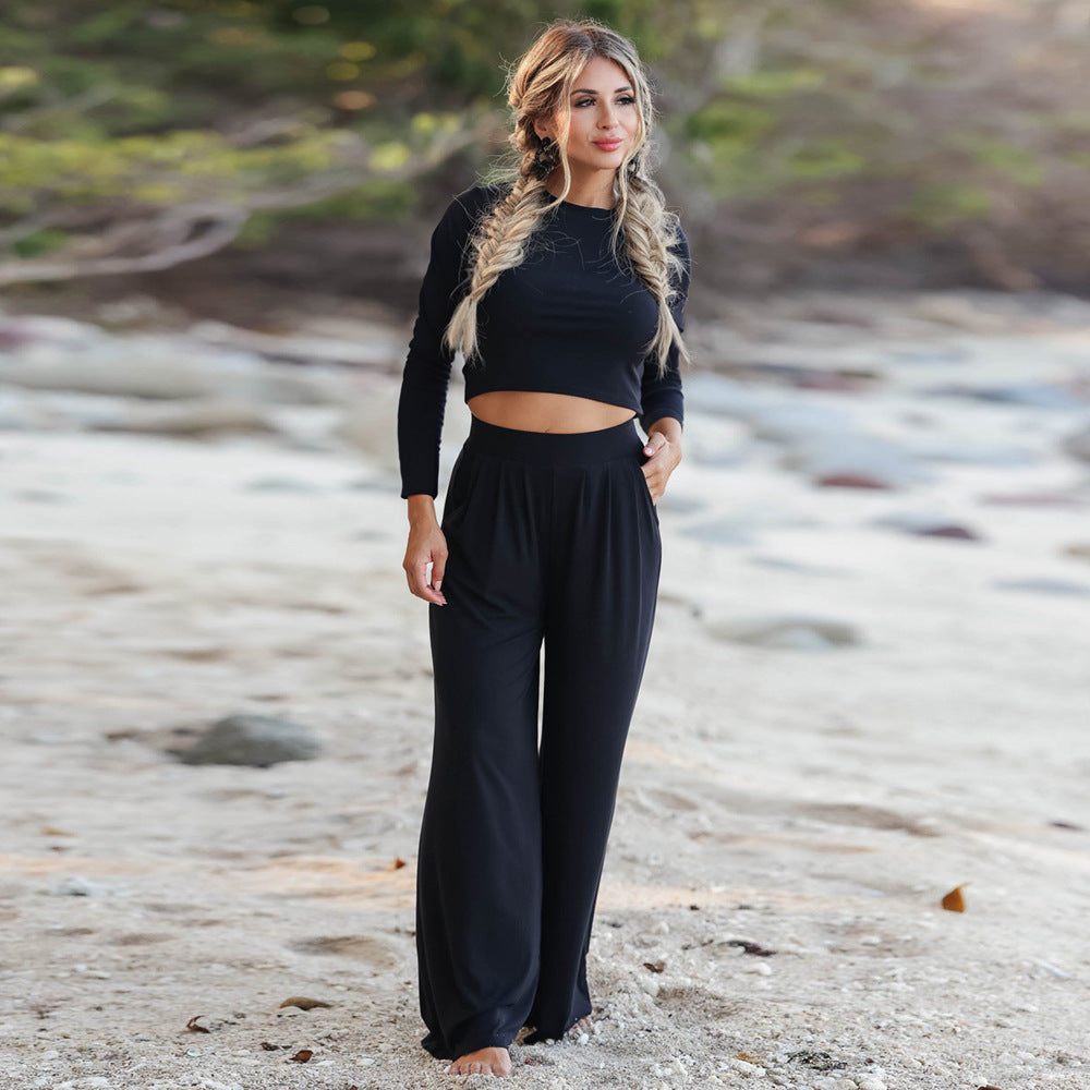 Damen Langarm Cropped Pullover und Hochbund Weite Hose Lounge Set Drune