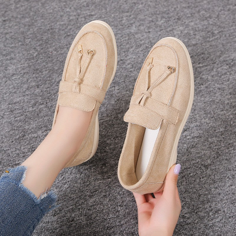 Damen lässige Veloursleder-Optik Slipper mit dekorativer Zierkordel, weichem Komfortfußbett und flexibler Leichtsohle Drune