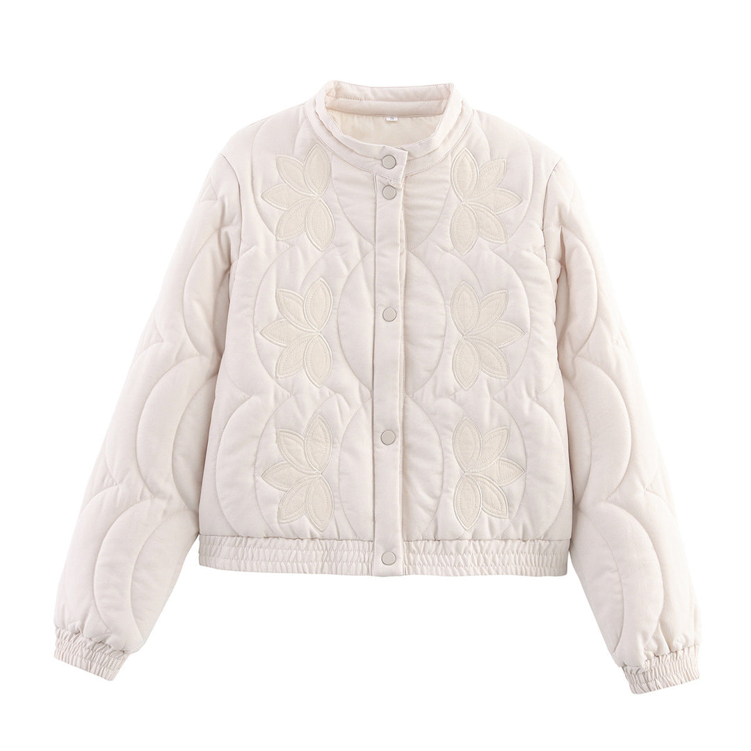 Damen Kurz geschnittene gesteppte Jacke mit Blumenapplikation und Stehkragen Drune