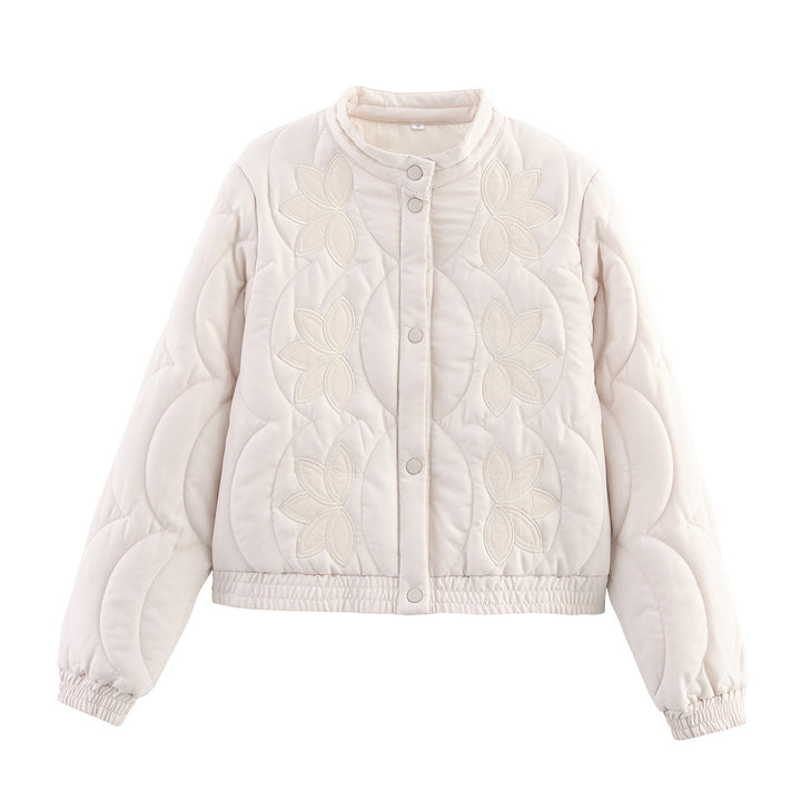 Damen Kurz geschnittene gesteppte Jacke mit Blumenapplikation und Stehkragen Drune