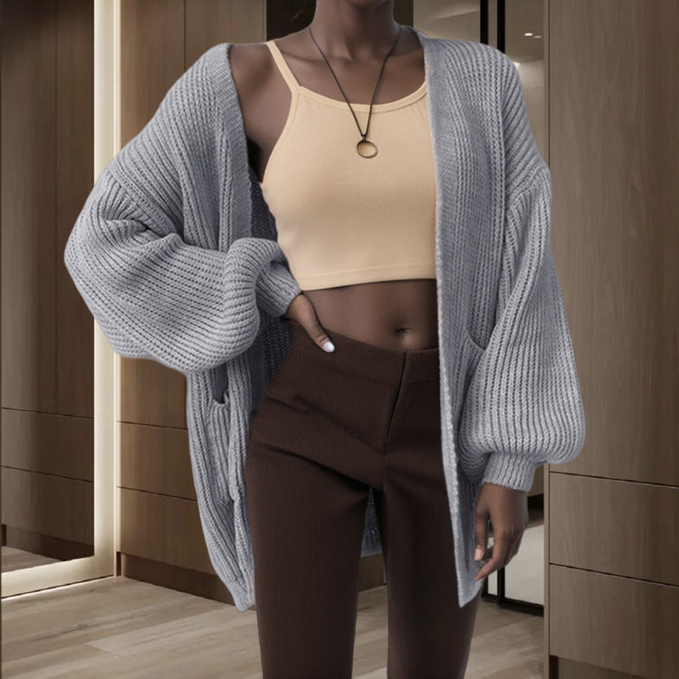 Damen Grobstrick Cardigan mit weiten Ärmeln und praktischen Taschen Drune