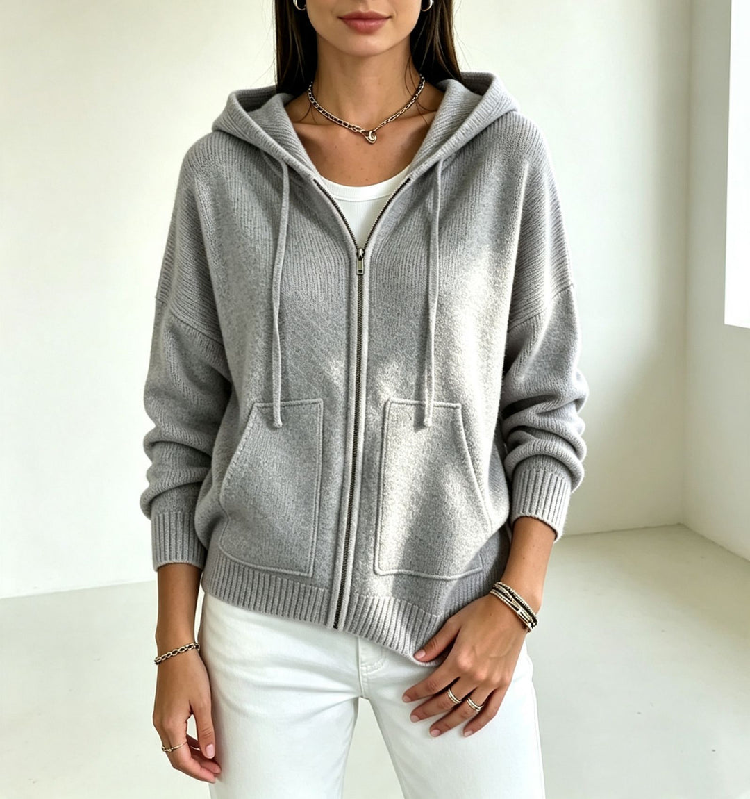 Damen Kapuzen-Wollmix Zip-Cardigan mit kastiger Passform und Kängurutaschen Drune