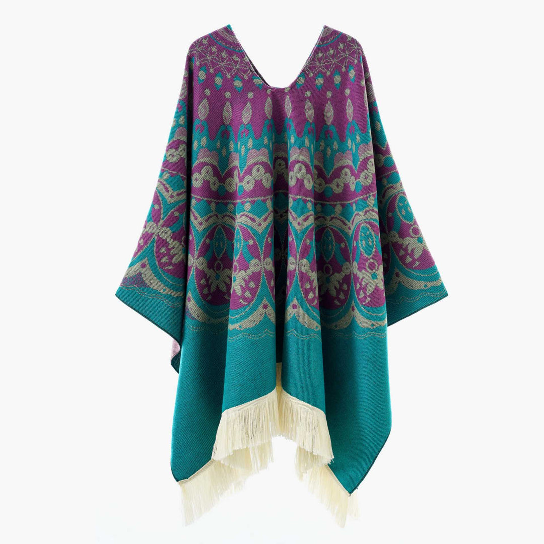 Damen Gewebter Jacquard-Poncho mit V-Ausschnitt, Ethno‑Print und Fransen Drune