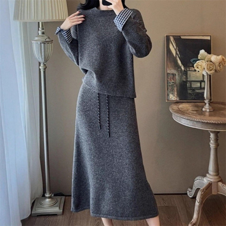 Damen Elegantes Strickkleid mit abnehmbarem Blusenkragen und Tunnelzug Drune