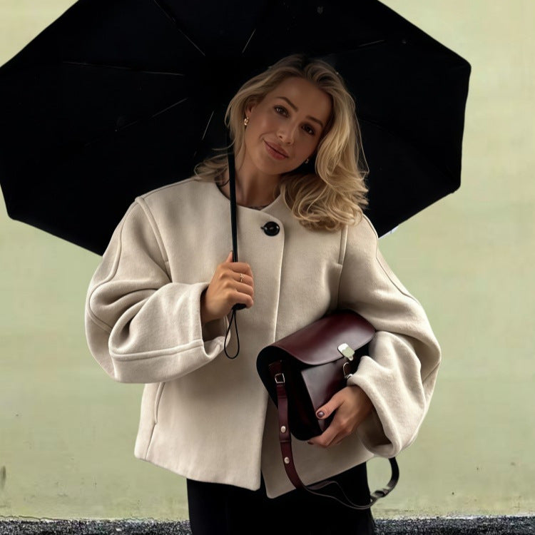 Damen Wickeljacke mit weiten Ärmeln und dekorativem Knopf Drune