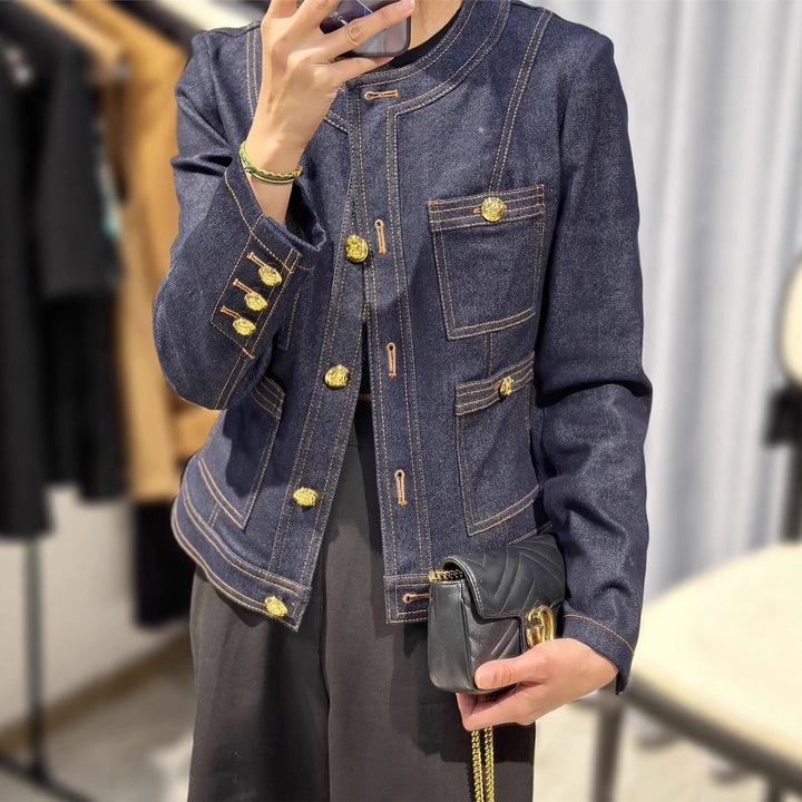 Damen Modische Denimjacke mit goldenen Knöpfen Drune