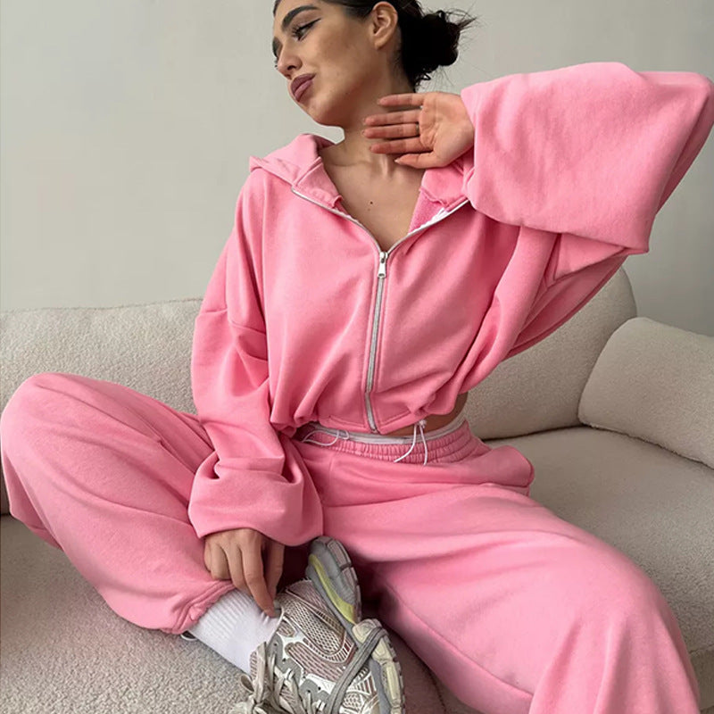 Damen kurzes Kapuzenzipper-Lounge-Set mit oversized Ärmeln und weitem Jogginghose-Schnitt Drune