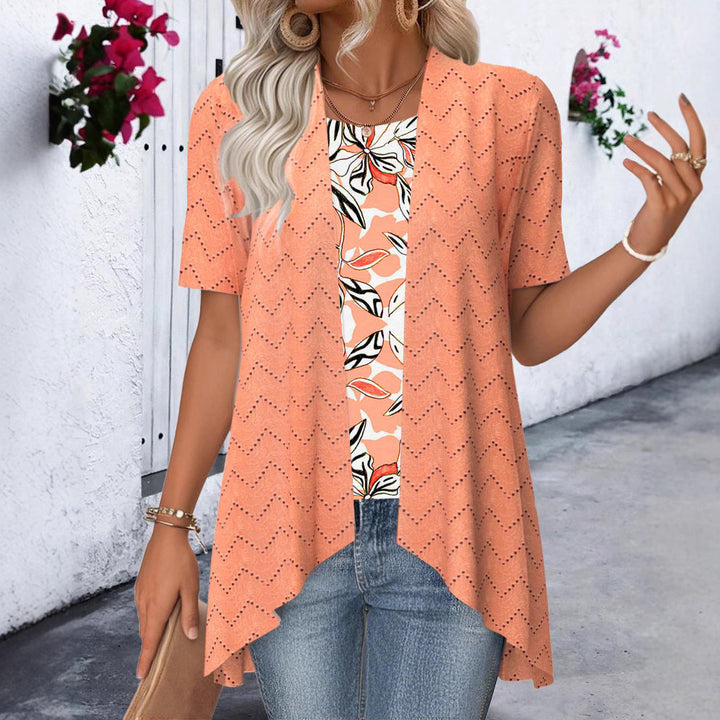 Damen nan Ajourstrick-Cardigan mit asymmetrischem Zipfelsaum und kurzen Ärmeln Drune