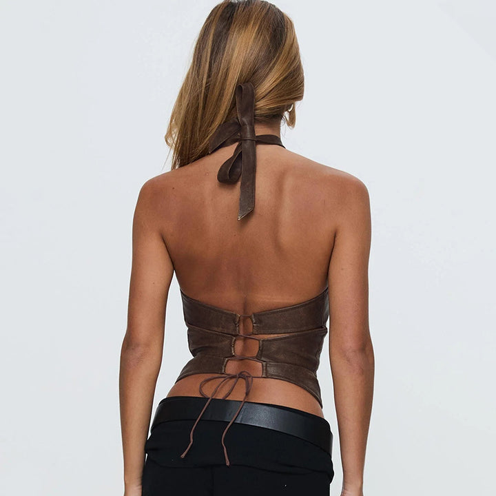 Damen Kunstleder Crop-Top mit verspieltem Bindeband und dekorativem Ring Drune