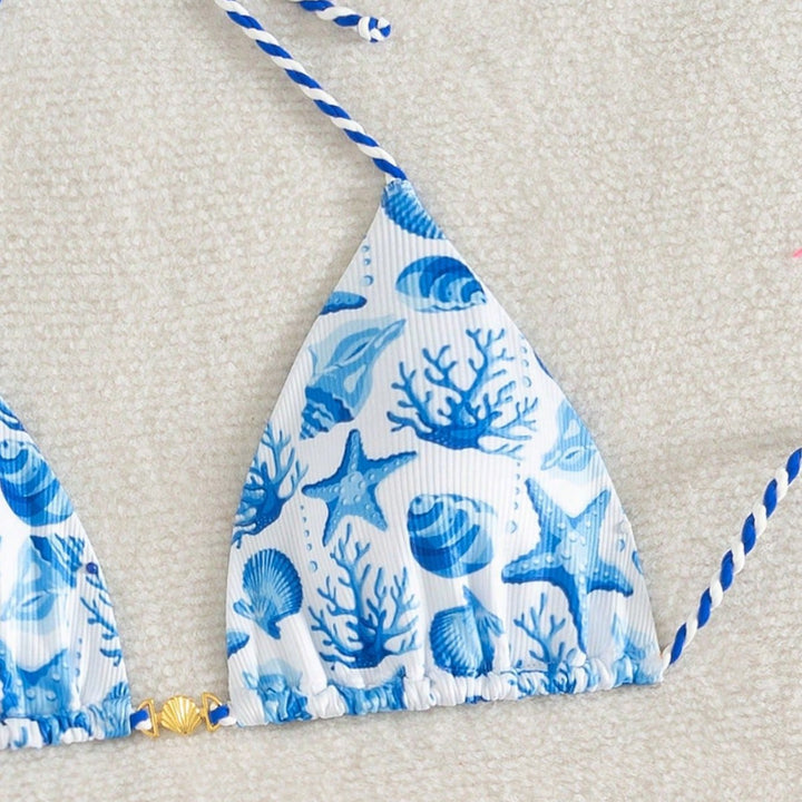 Damen Triangel-Bikini mit maritimen Motiven und verspielten Kordelbindungen Drune