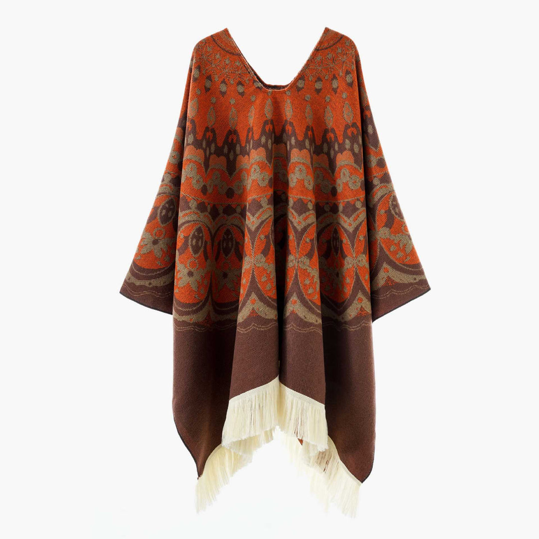 Damen Gewebter Jacquard-Poncho mit V-Ausschnitt, Ethno‑Print und Fransen Drune