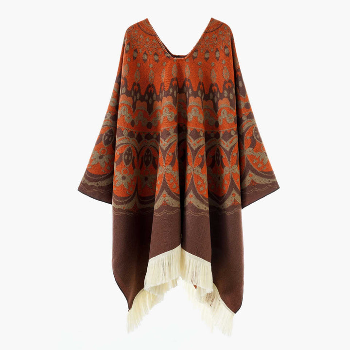 Damen Gewebter Jacquard-Poncho mit V-Ausschnitt, Ethno‑Print und Fransen Drune