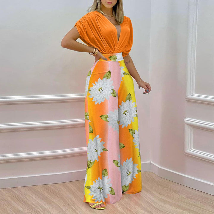 Damen Eleganter Jumpsuit mit tiefem V-Ausschnitt und weit geschnittenen Beinen Drune