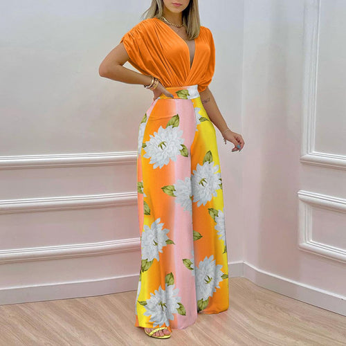 Damen Eleganter Jumpsuit mit tiefem V-Ausschnitt und weit geschnittenen Beinen Drune