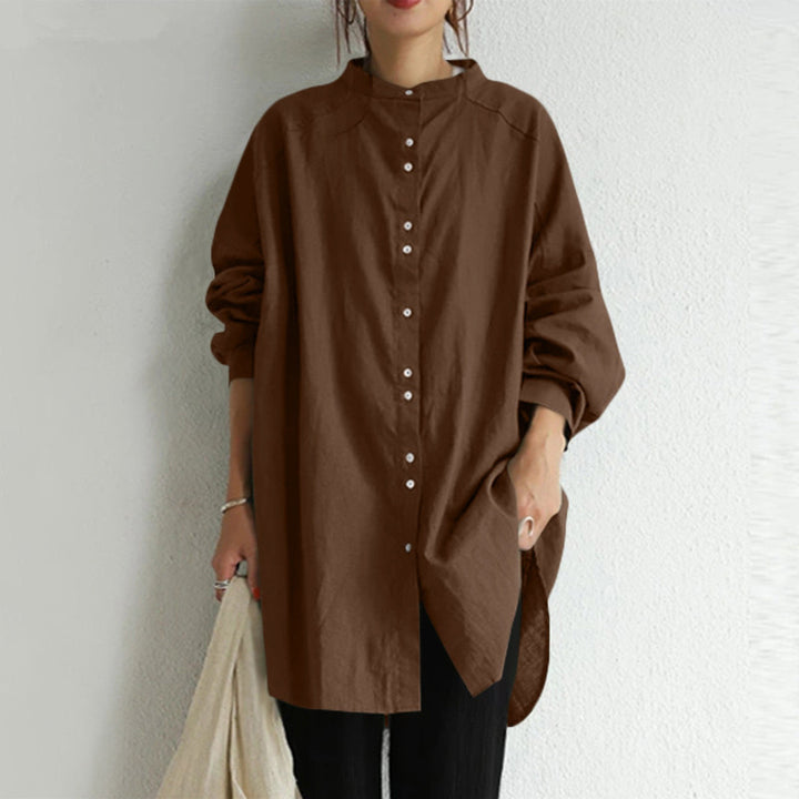 Damen nan lässige Oversize-Tunika-Hemdbluse mit Stehkragen, durchgehender Knopfleiste und seitlichen Schlitzen Drune