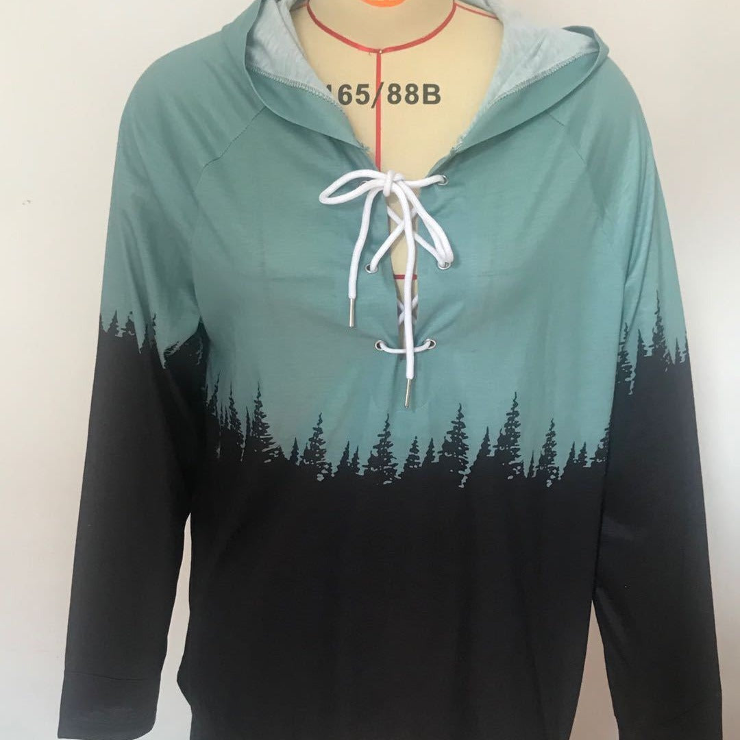 Damen Kapuzenpullover mit Waldprint, Schnürdetail und Raglanärmeln Drune